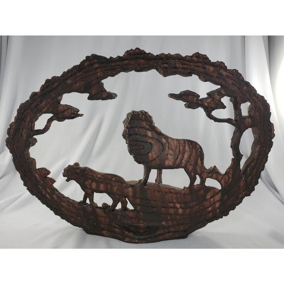 Lion Pride Faux Wood Bark Carved Resin Sculpture - Picture 3 of 6